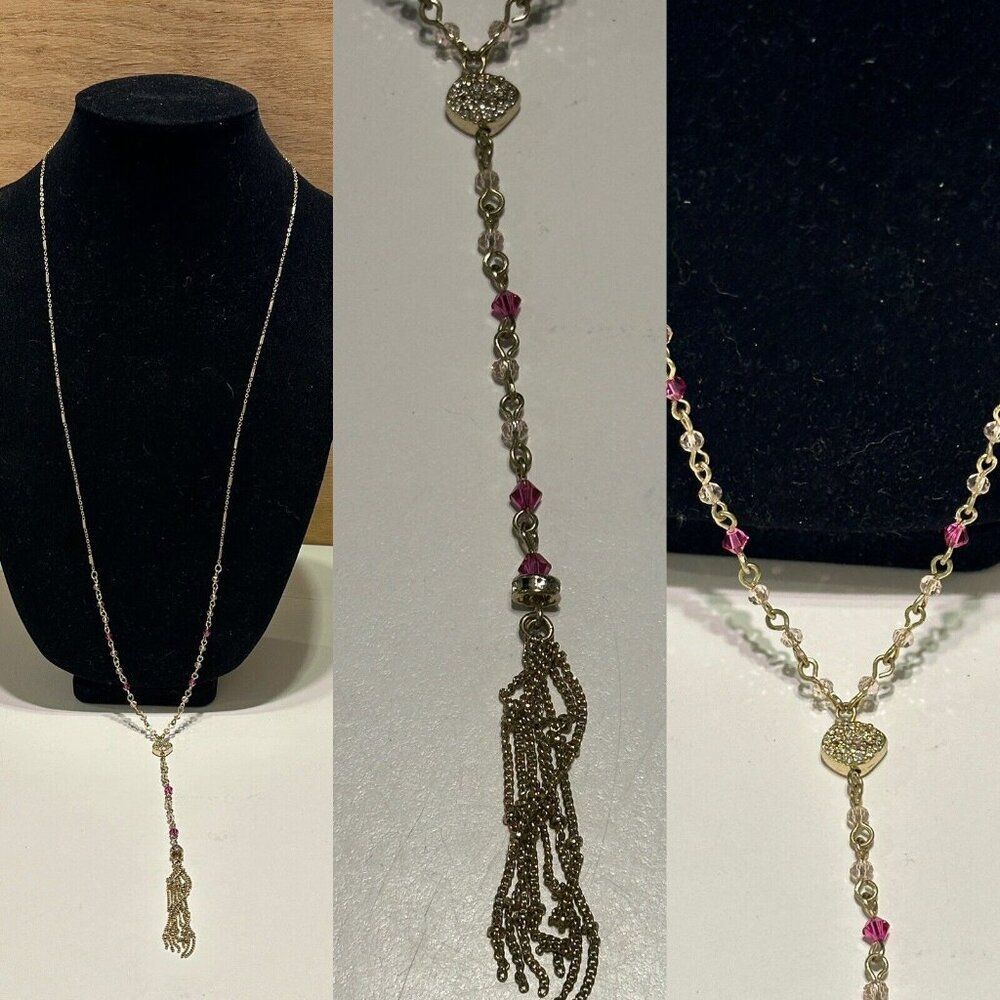 Gold Tone Y Drop Necklace Statement Rhinestones Tassle Beaded Pink